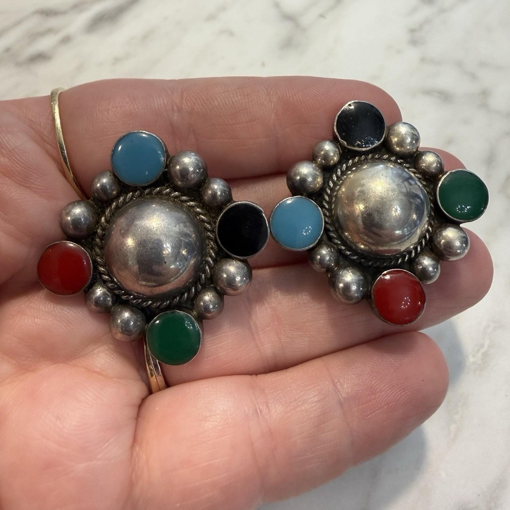 Vintage BIG Sterling Clip On Earrings Multi Stone 925 Taxco Mexico TD-80 21.3 gr